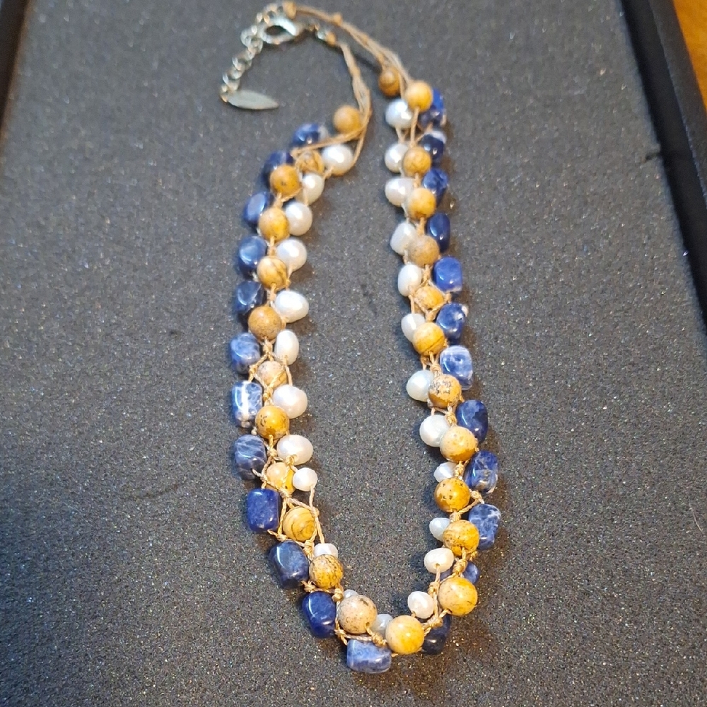 Handcrafted Blue, Yellow & White Beaded Necklace